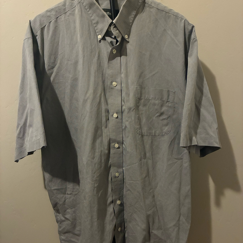 Eddie Bauer Men's XXL Tall Shirt Gray White Micro Check Plaid Short‎ Sleeve